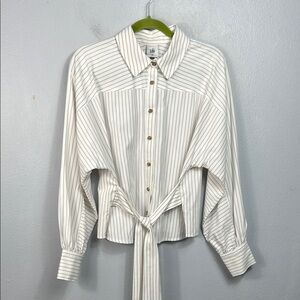 Cabi Tied Up White & Tan Stripe Belted Button Front Long Sleeve Blouse Medium